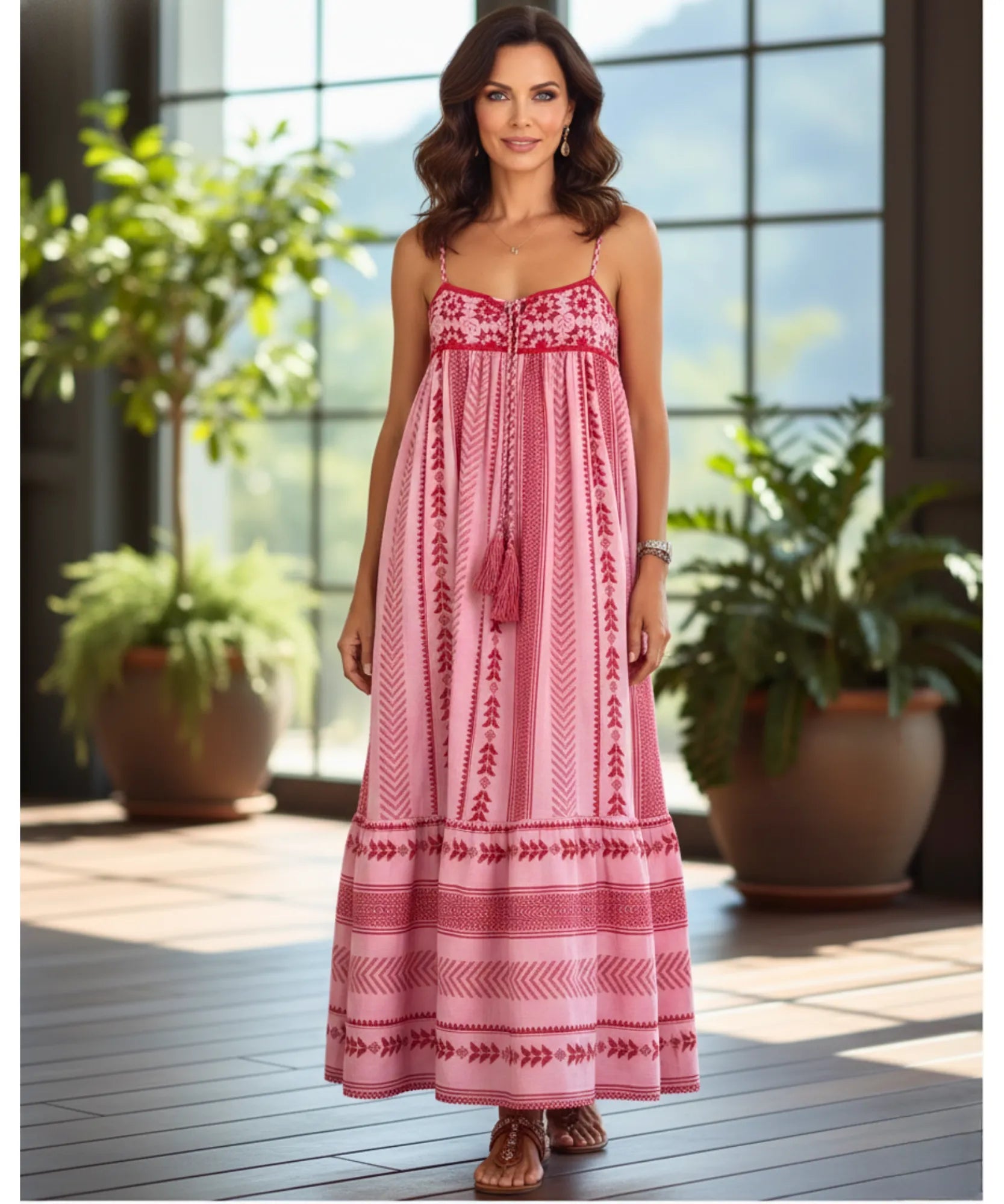 Comprar vestido longo estampado étnico boho alças finas crochê feminino barato promoção ZARA