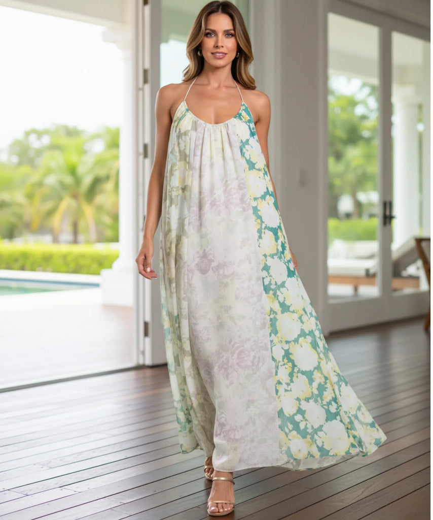 Watercolor Floral Maxi Dress with Open Crossed Back – Anellace