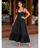 Black bustier maxi dress with thin tie straps, front view