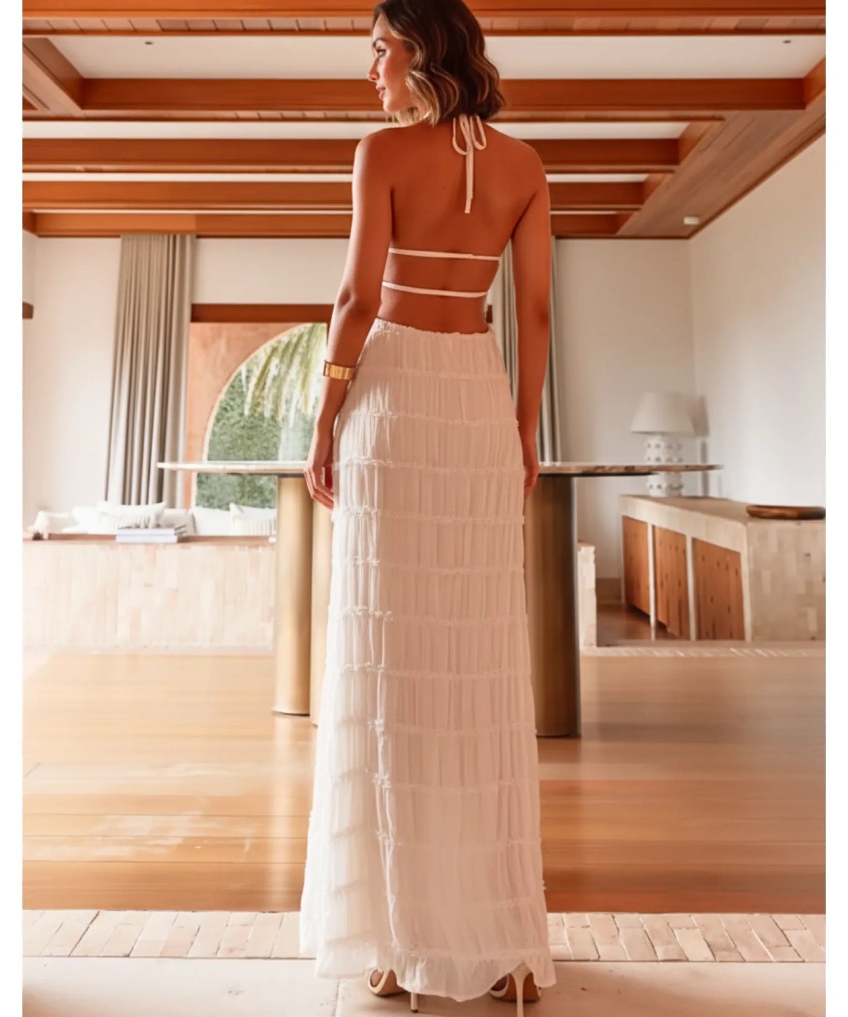 Comprar vestido longo feminino plissado branco elegante alças finas festa casamento barato promoção ZARA