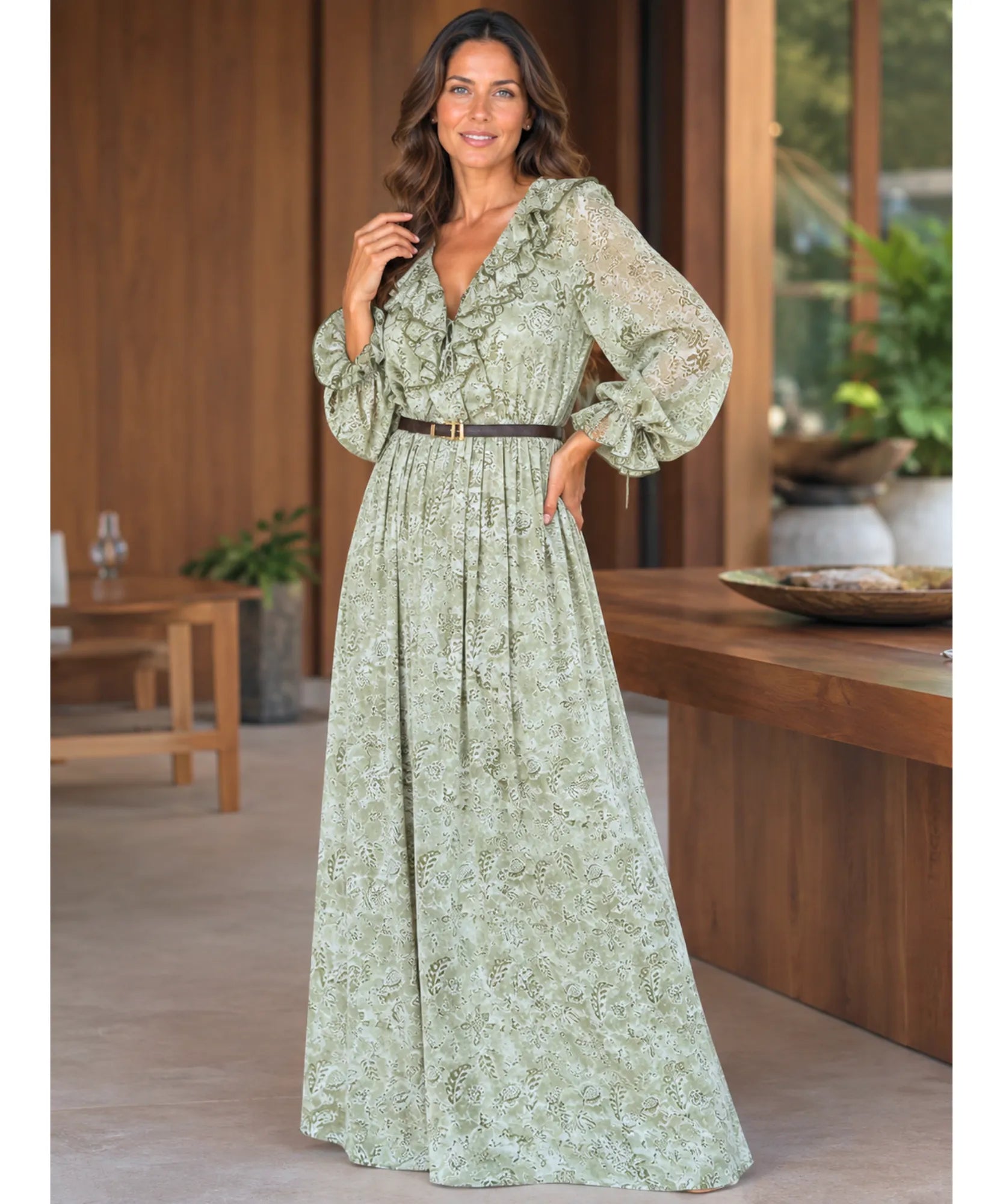 Sage green floral maxi dress with puff sleeves, standing front view