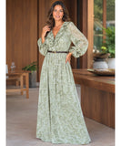 Sage green floral maxi dress with puff sleeves, standing front view