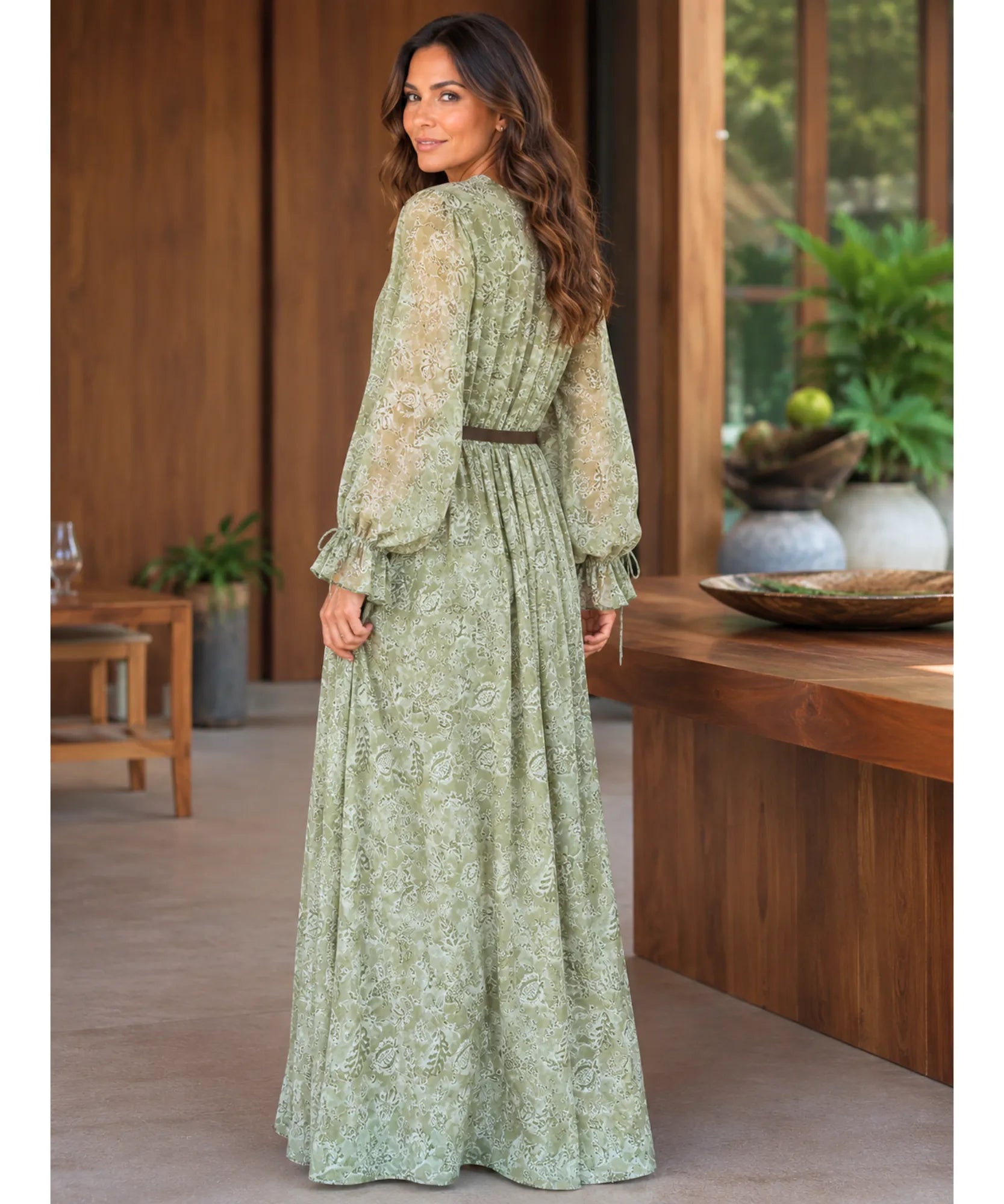 Sage green floral maxi dress with V-neck, back view