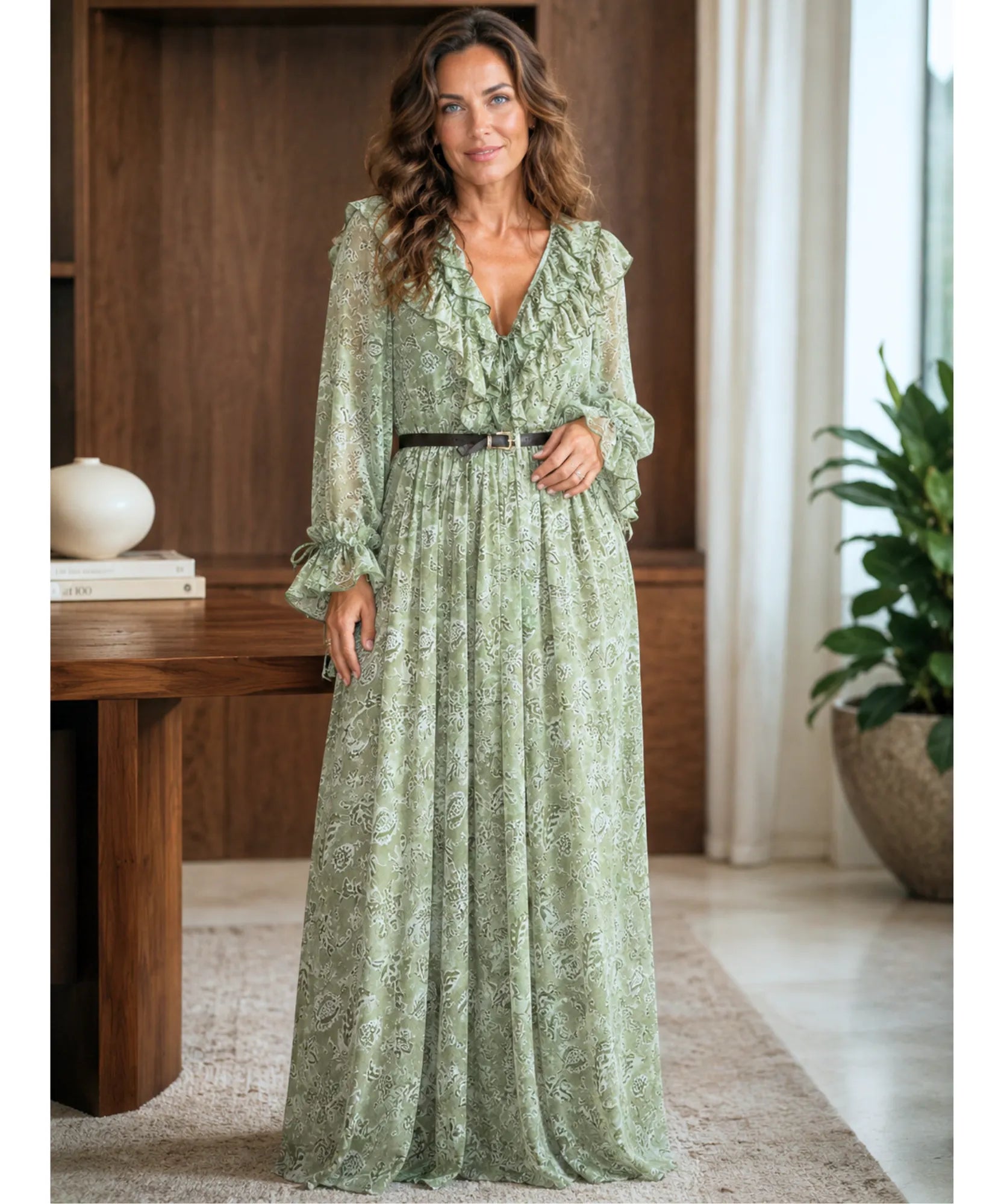 Sage green floral maxi dress with long puff sleeves, styled look