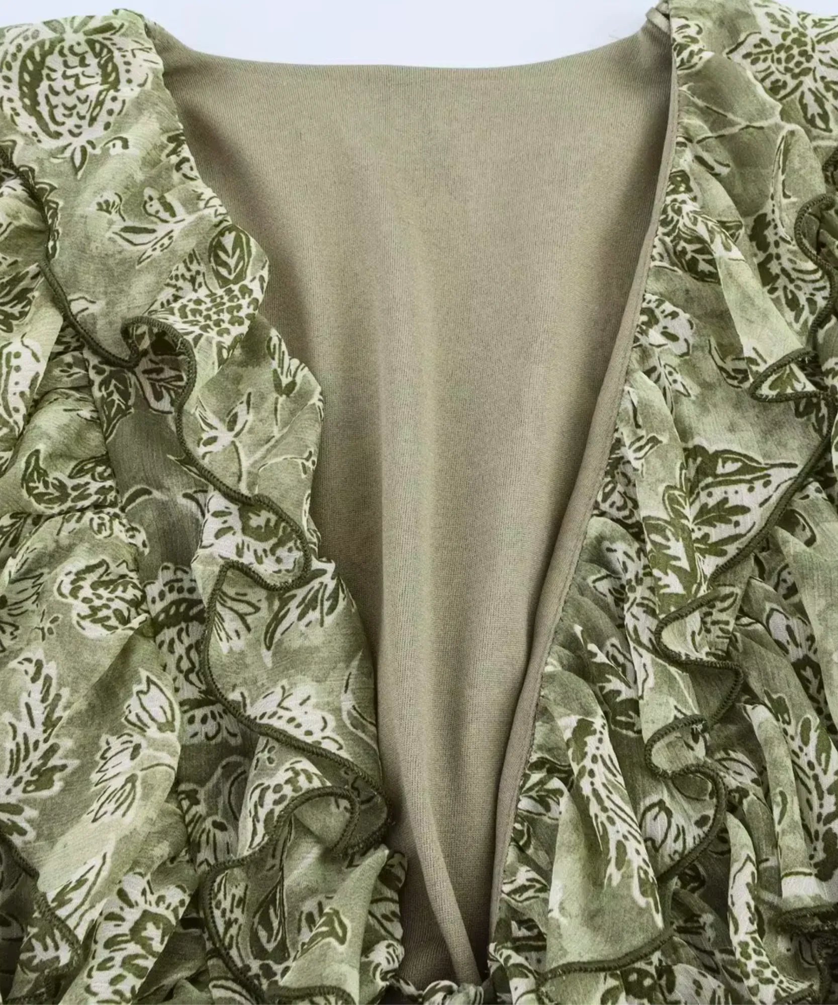 Sage green floral maxi dress with ruffled V-neck detail
