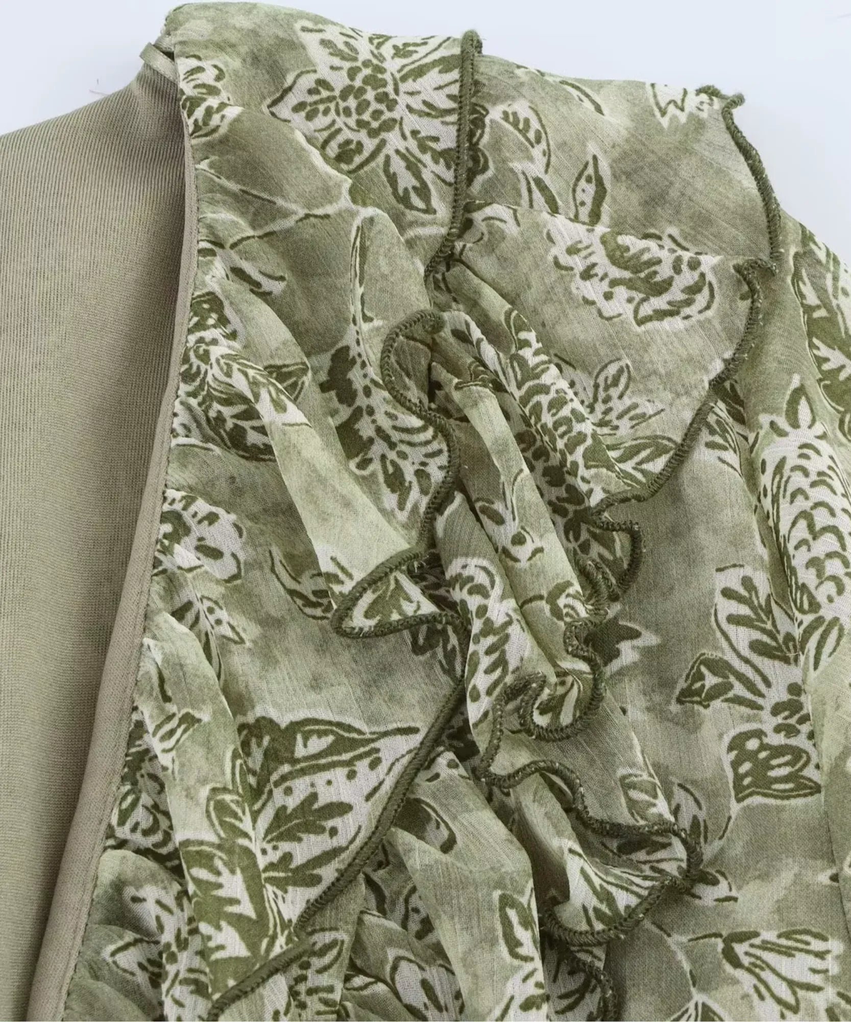 Sage green floral maxi dress, ruffle detail at the neckline