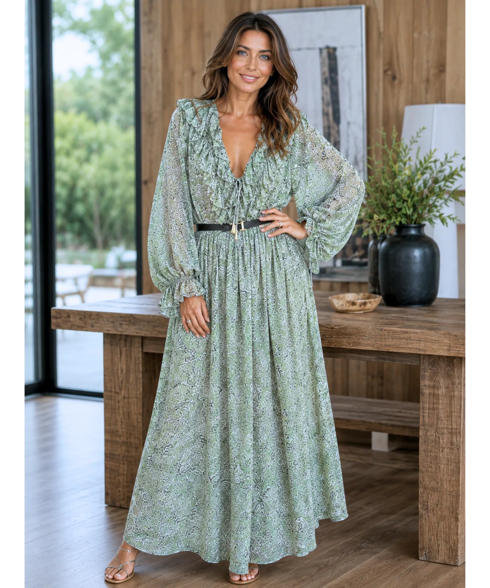 Sage green floral maxi dress with long puff sleeves, full-length front view