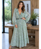 Sage green floral maxi dress with long puff sleeves, full-length front view