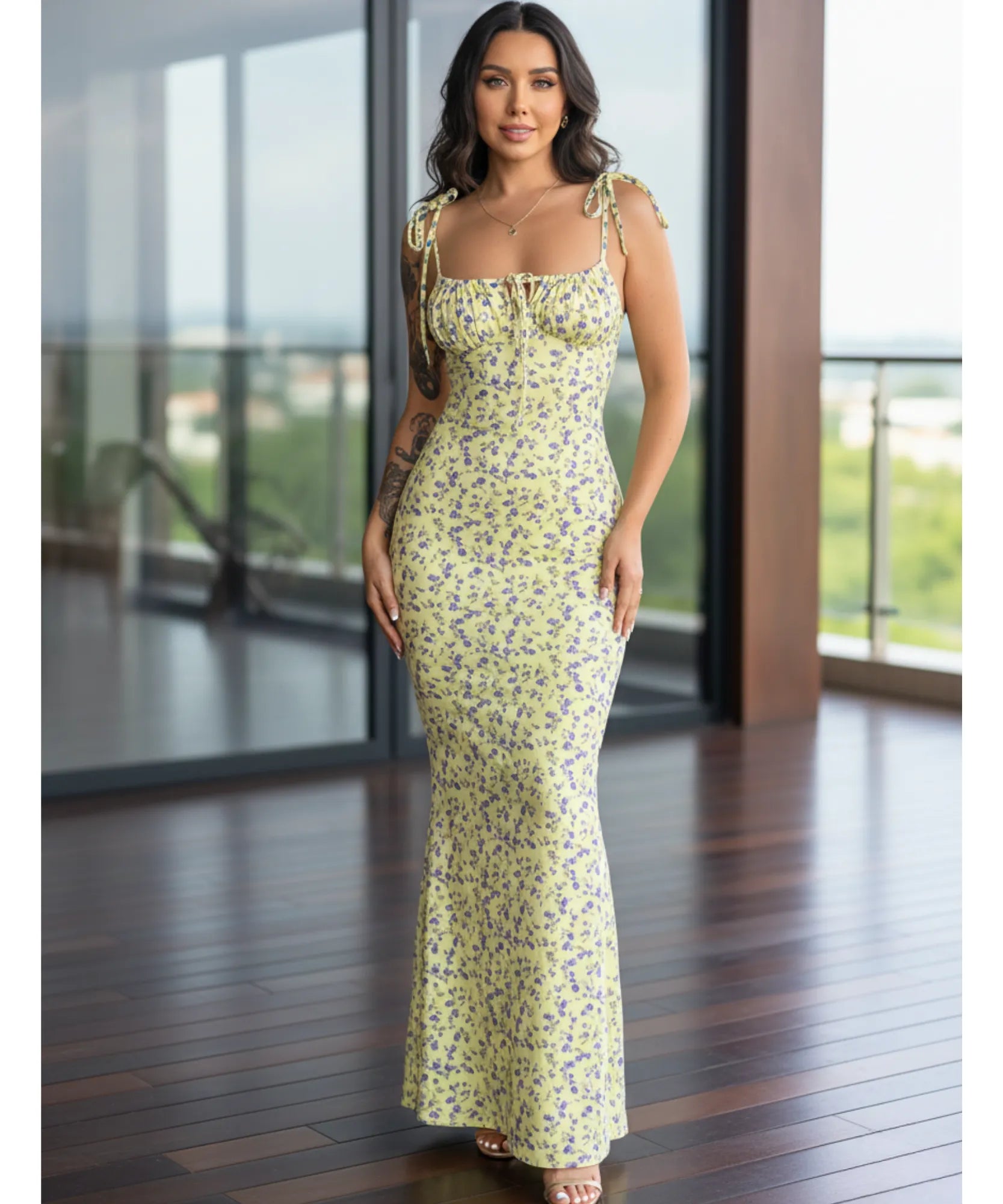 Women's floral mermaid maxi dress in pink, front view