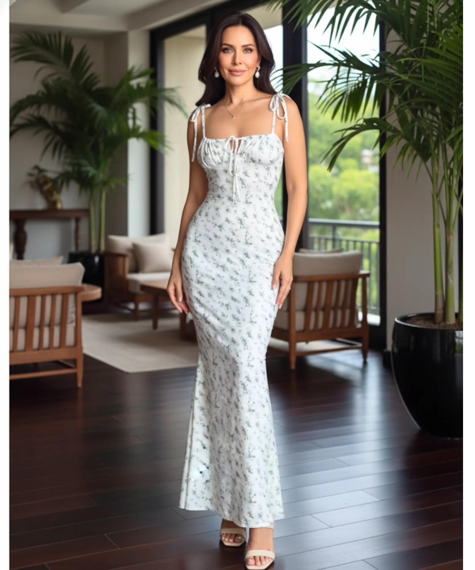 Women's floral mermaid maxi dress, front view