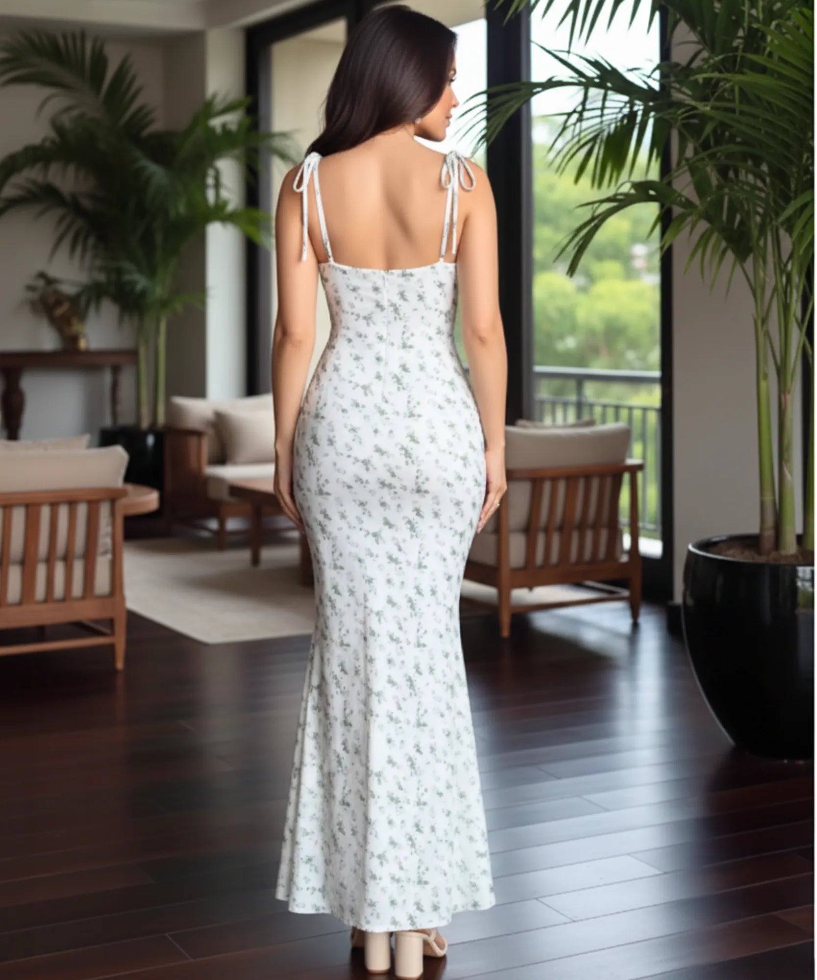 Women's floral mermaid maxi dress, close up of fabric