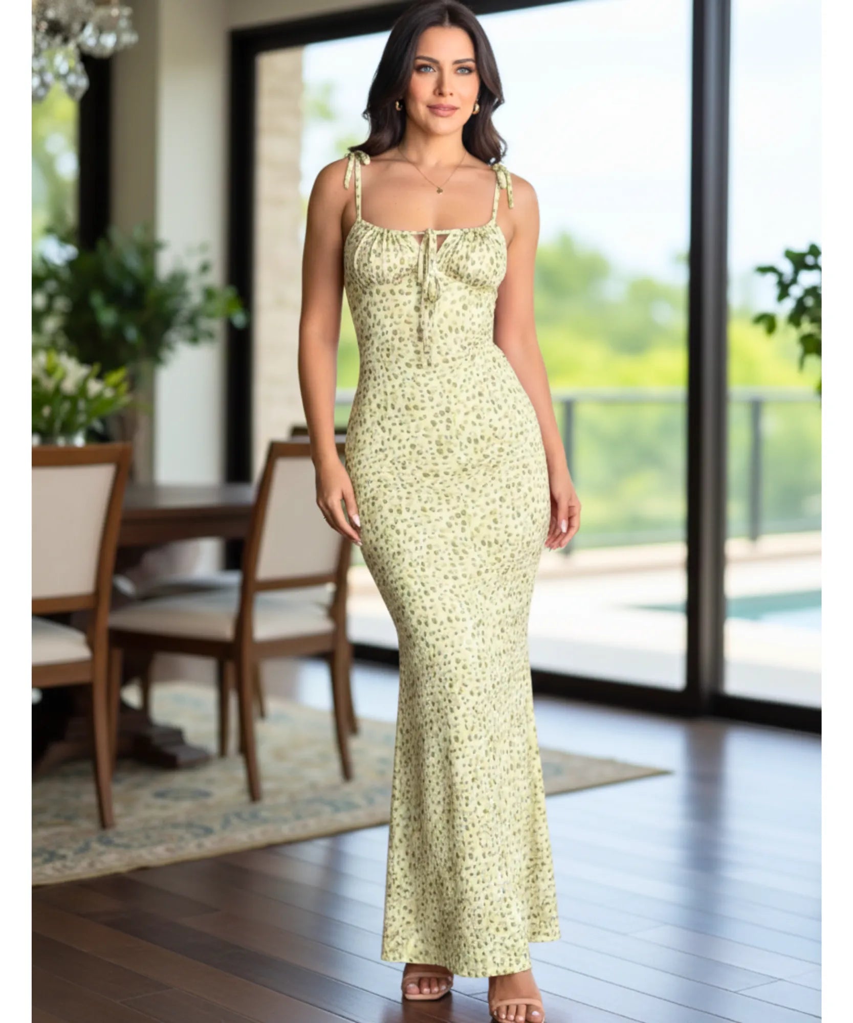 Women's floral mermaid maxi dress in yellow, front view