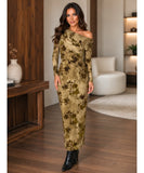 Olive green burnout velvet maxi dress with one shoulder neckline, full-length front view