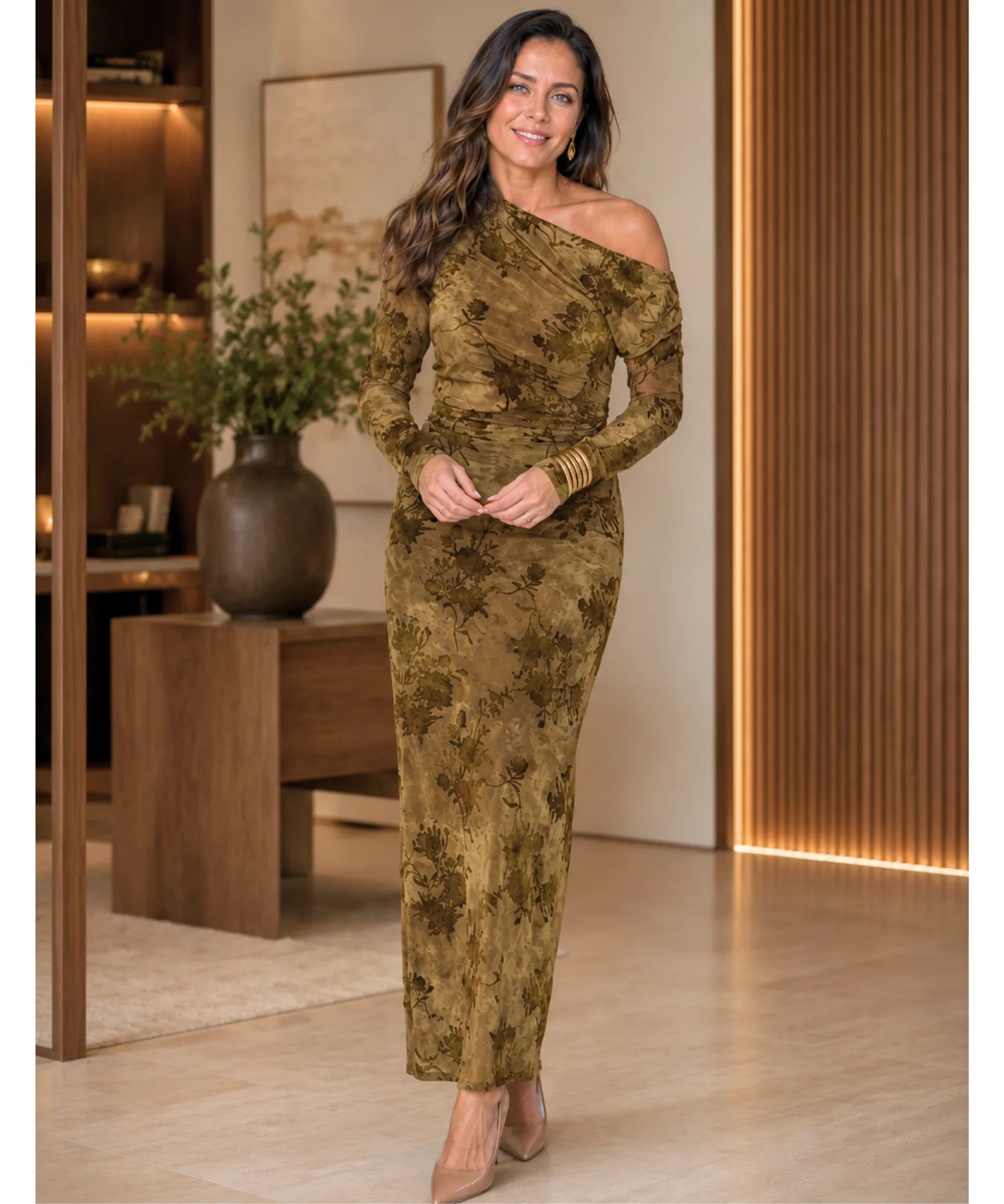 Olive green floral velvet maxi dress with long sleeves, front view