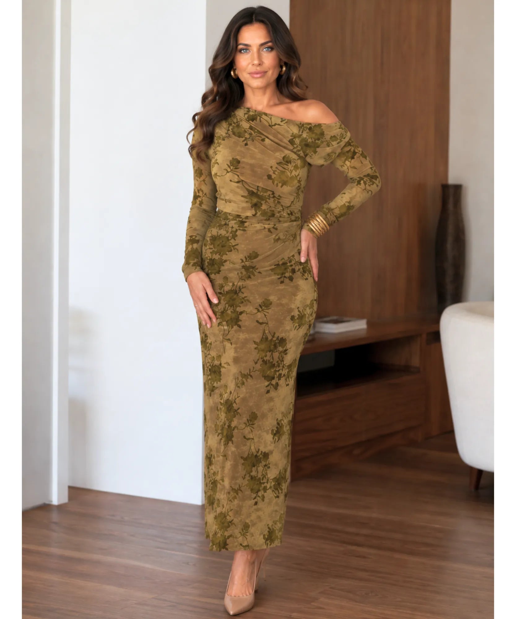 Olive green burnout velvet maxi dress, side view