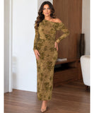 Olive green burnout velvet maxi dress, side view