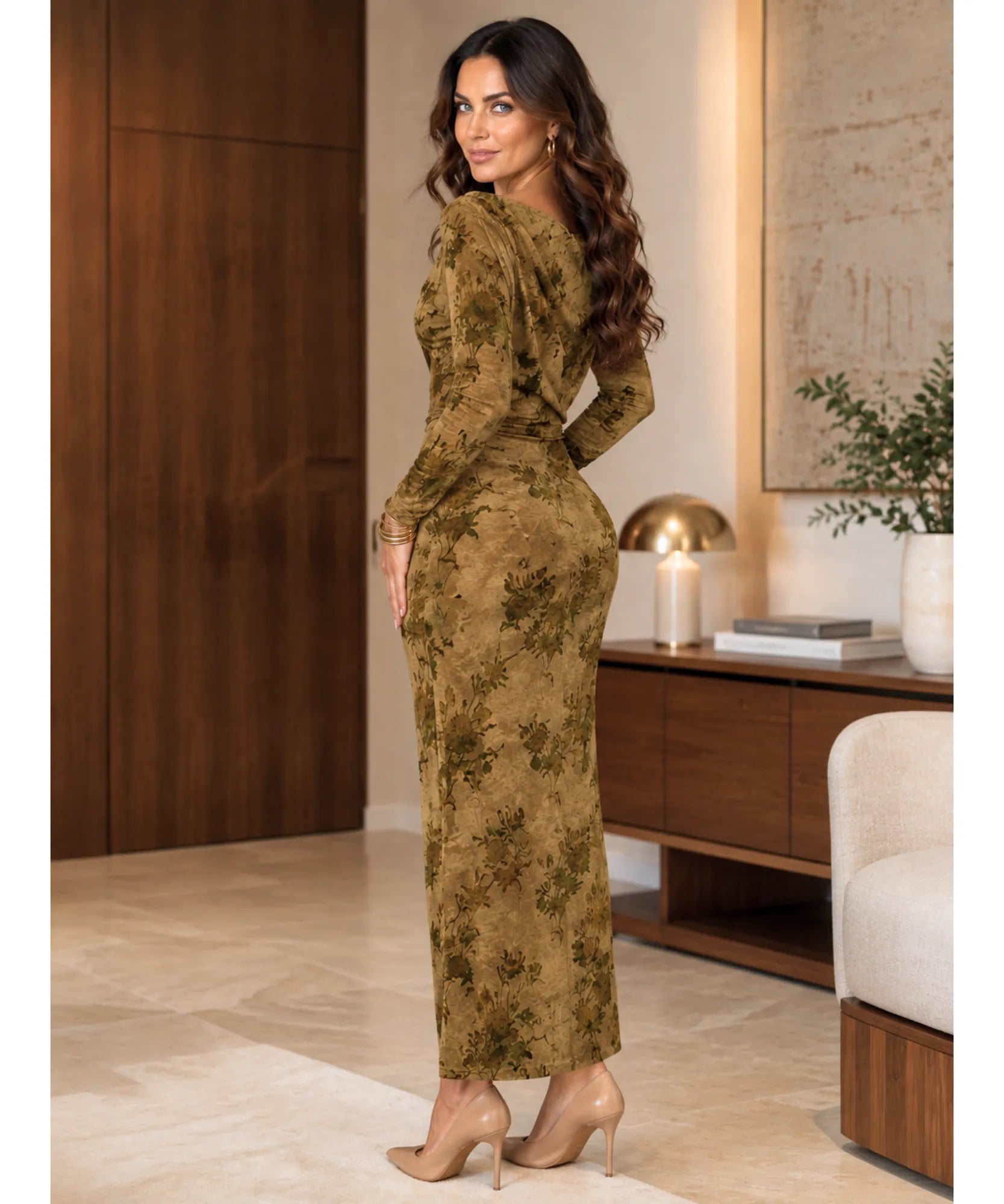 Olive green one shoulder maxi dress, side drape and sleeve detail