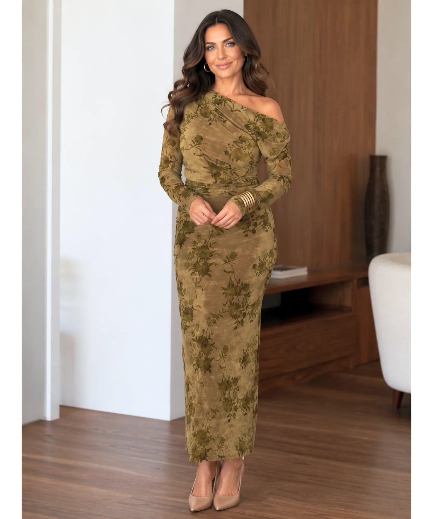 Olive green floral velvet maxi dress, standing view