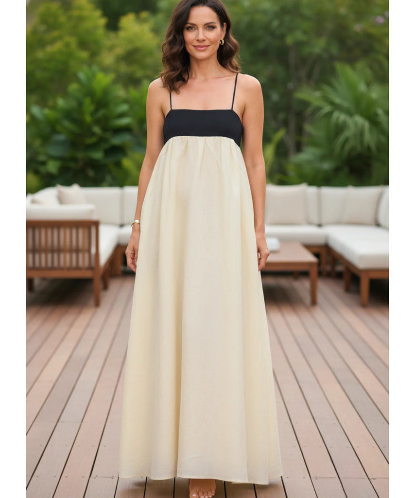Linen Maxi Dress with Black and Cream Contrast Bodice Anellace Linen Maxi Dress with Black and Cream Contrast Bodice Anellace