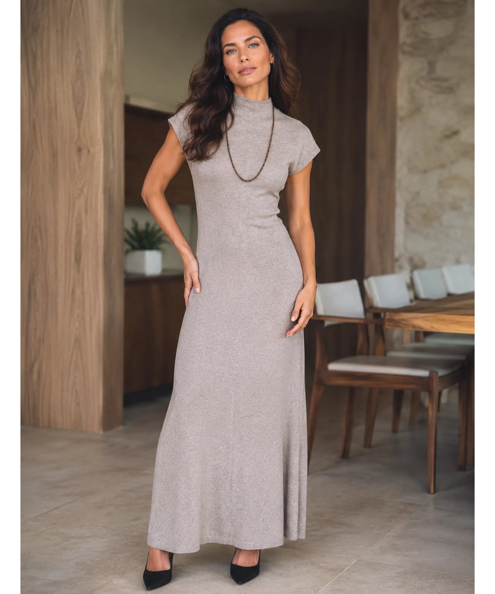 Women's Knit Maxi Dress with Mock Neck in Taupe, front view