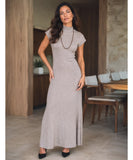 Women's Knit Maxi Dress with Mock Neck in Taupe, front view