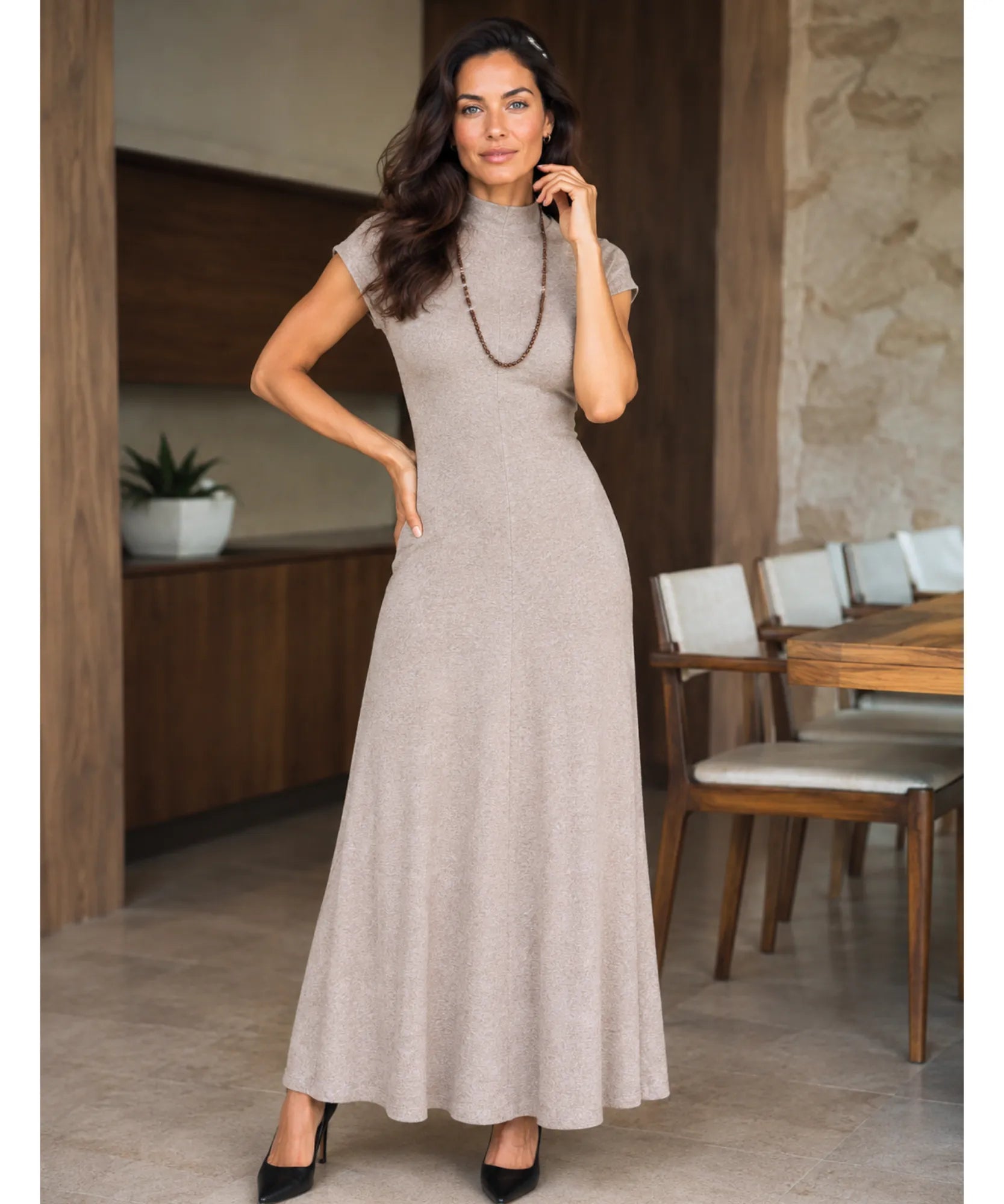 Women's Knit Maxi Dress with Mock Neck in Taupe, full-length front view