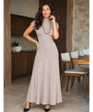 Women's Knit Maxi Dress with Mock Neck in Taupe, full-length front view