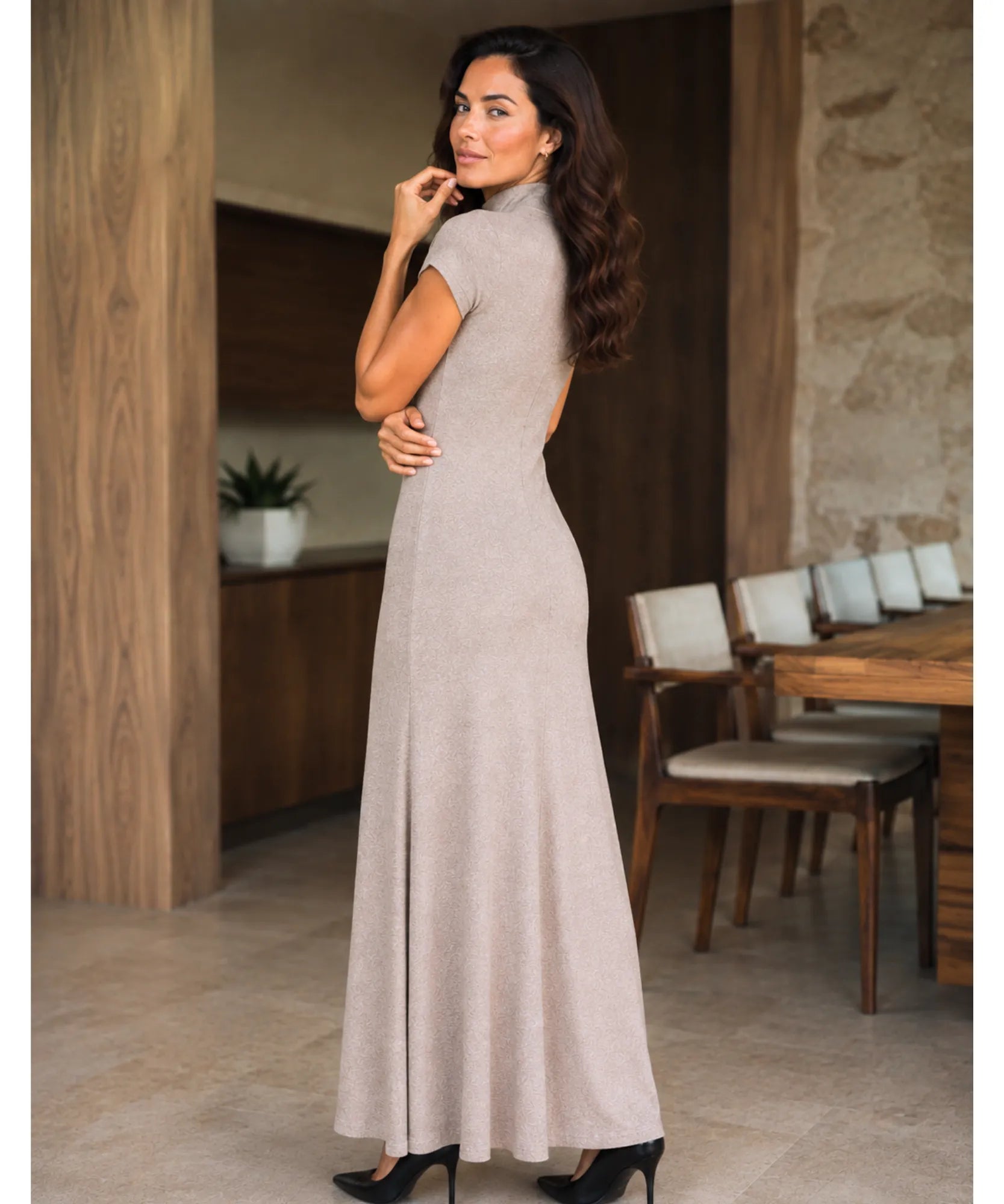 Women's Knit Maxi Dress with Mock Neck in Taupe, styled look
