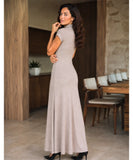 Women's Knit Maxi Dress with Mock Neck in Taupe, styled look