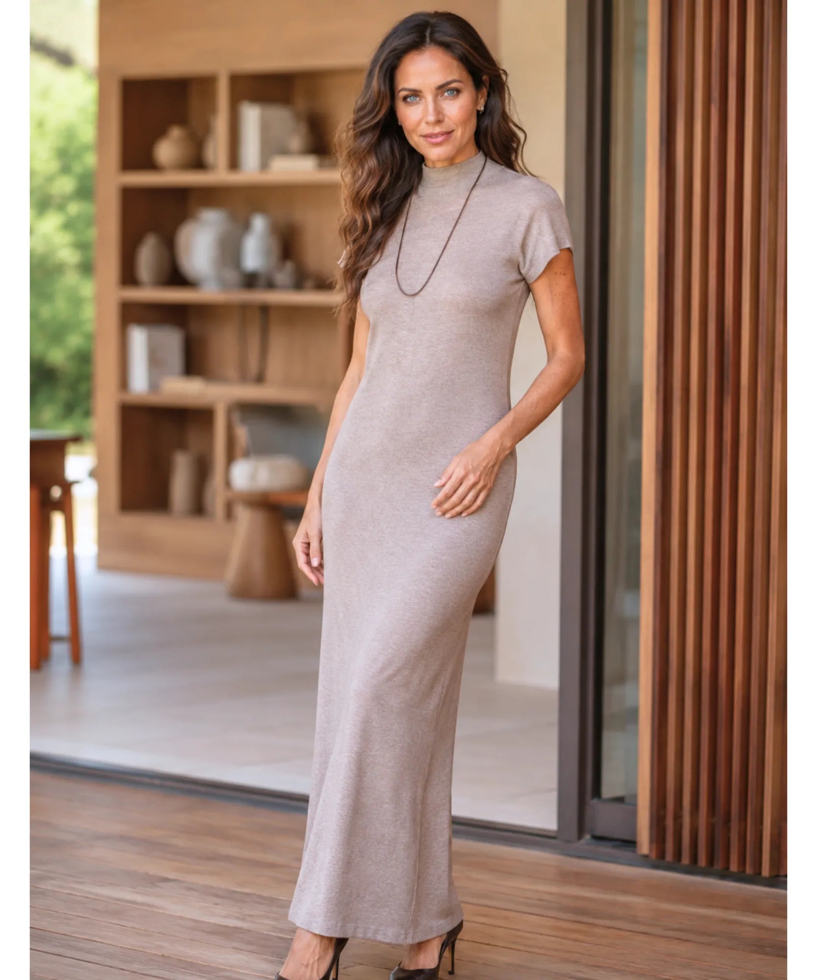 Women's Knit Maxi Dress with Mock Neck in Taupe, side view