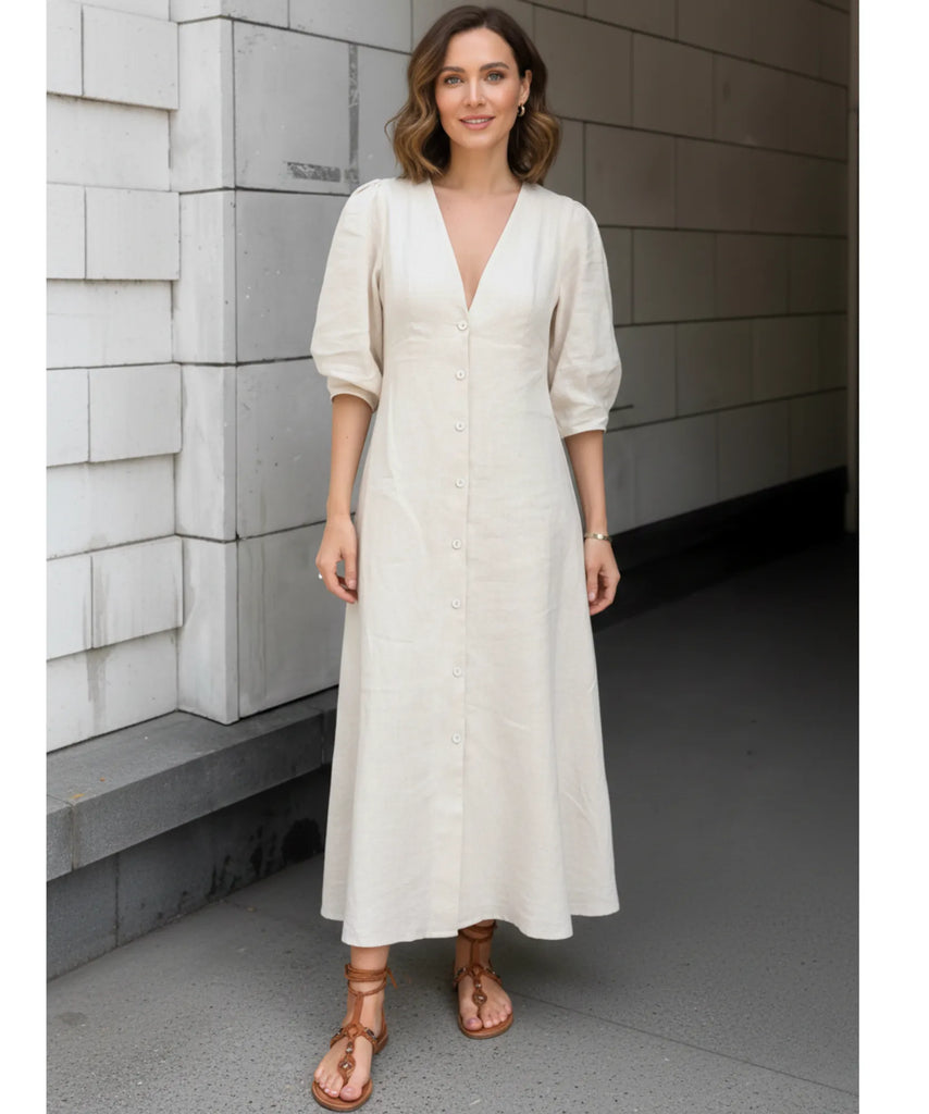 ivory linen dress Ivory Linen Midi Dress with Button Front and Open Back – Anellace