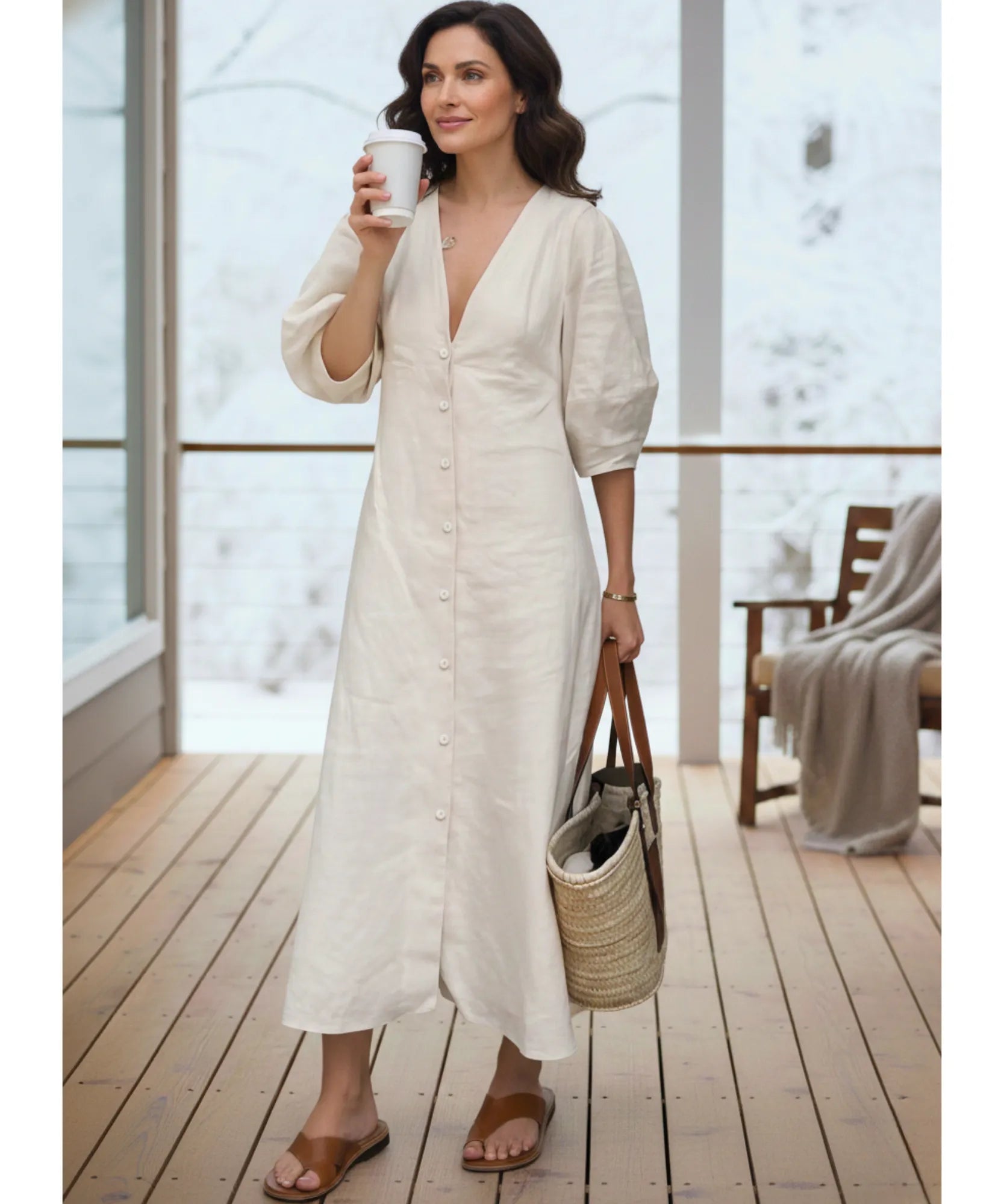 ivory linen dress Ivory Linen Midi Dress with Button Front and Open Back – Anellace