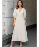 Women's Ivory Linen Midi Dress with Button Front and Open Back | Massie