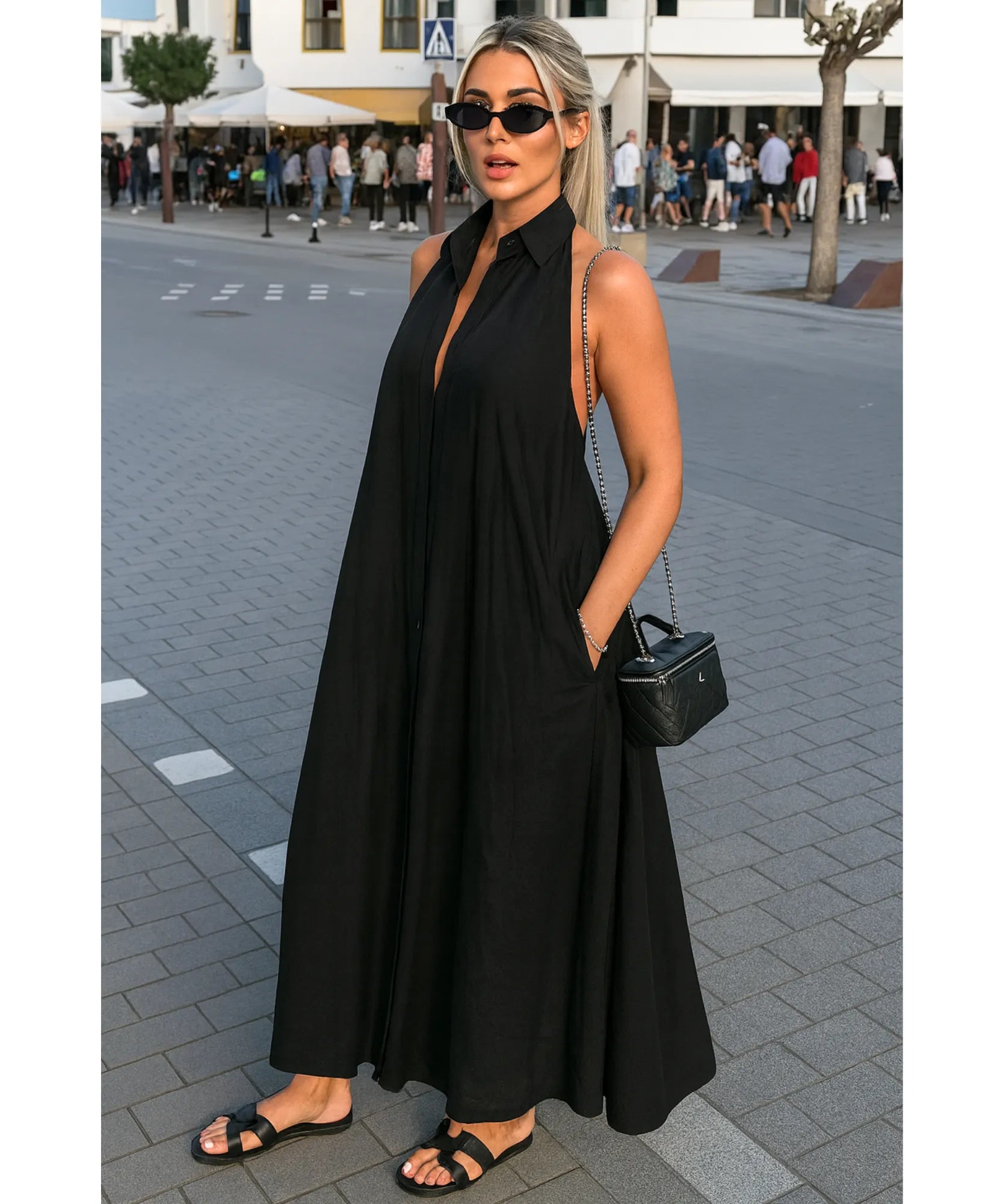 Comprar Vestido Longo Preto Feminino Elegante com Gola Botões Amarração Cintura barato em promoção ZARA