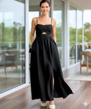 Women's black cutout maxi dress, back view
