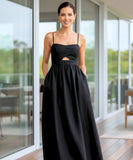 Women's black cutout maxi dress, close up of waist cutout