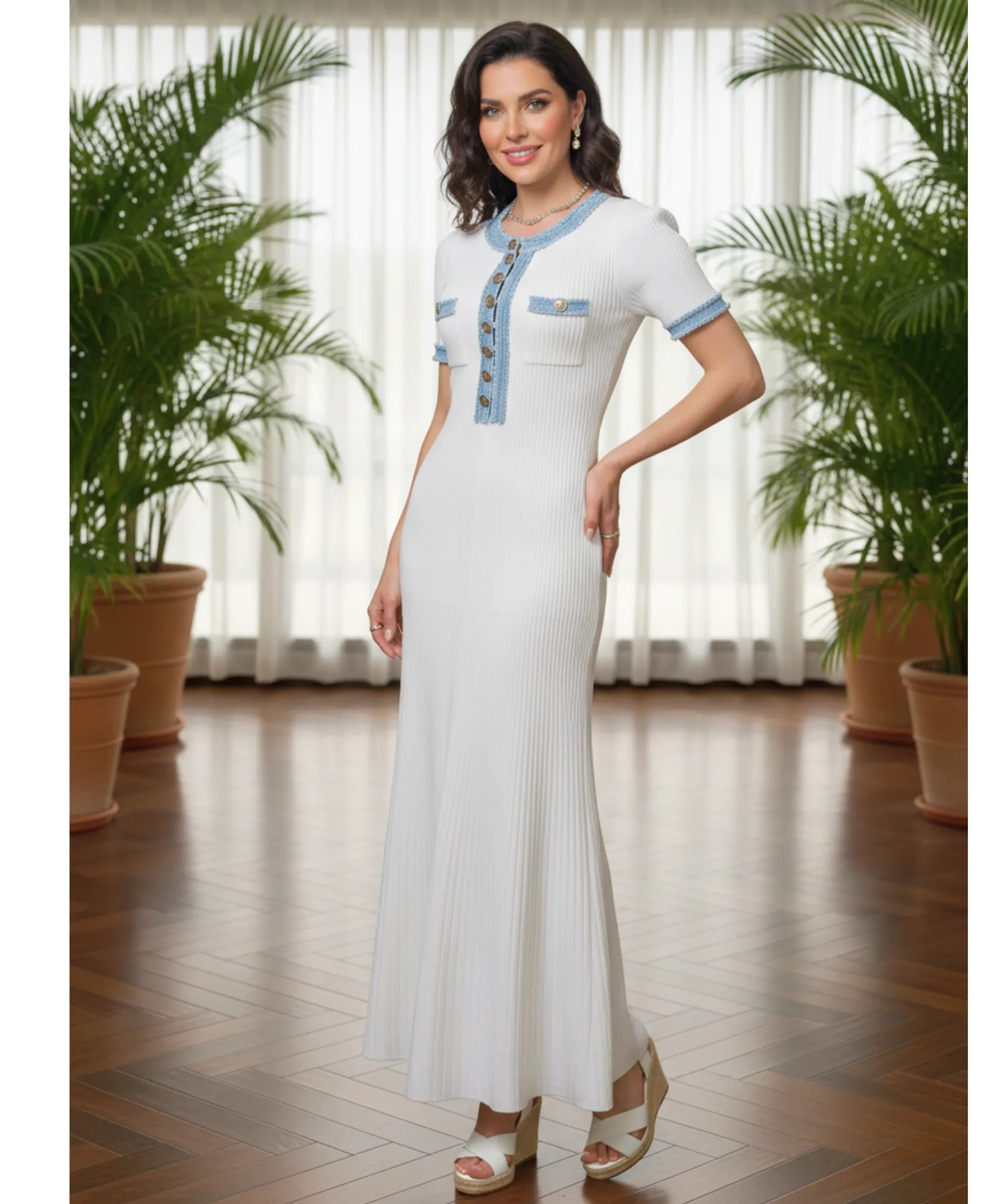 Comprar vestido midi branco canelado feminino com detalhes jeans botões elegante verão barato promoção ZARA