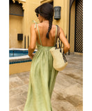 Women's Linen Midi Dress with Tie Straps and V-Neck | Lalá
