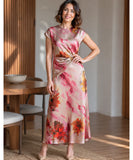 Pink floral satin midi dress, full-length front view