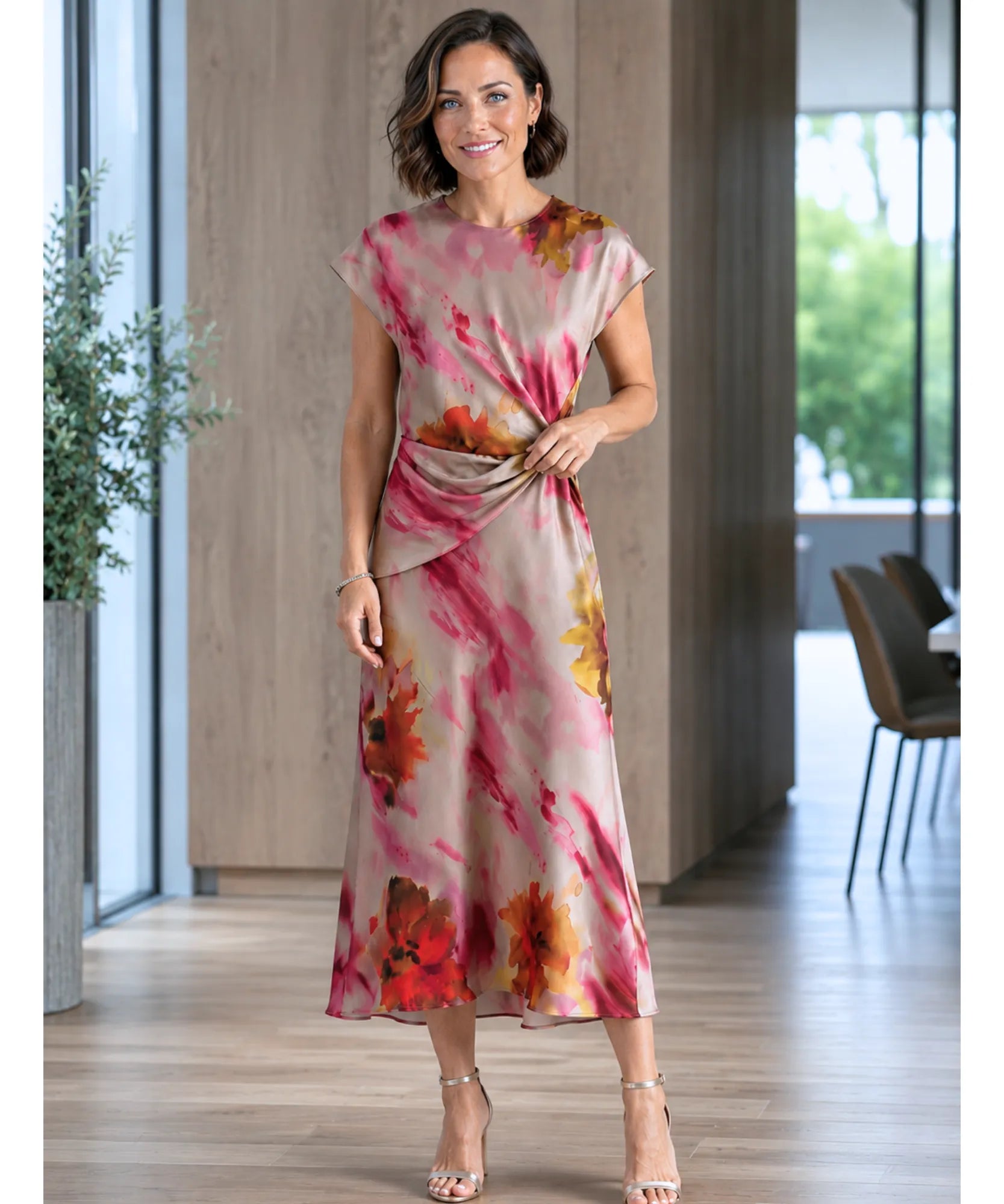 Floral satin midi dress with flared A-line skirt