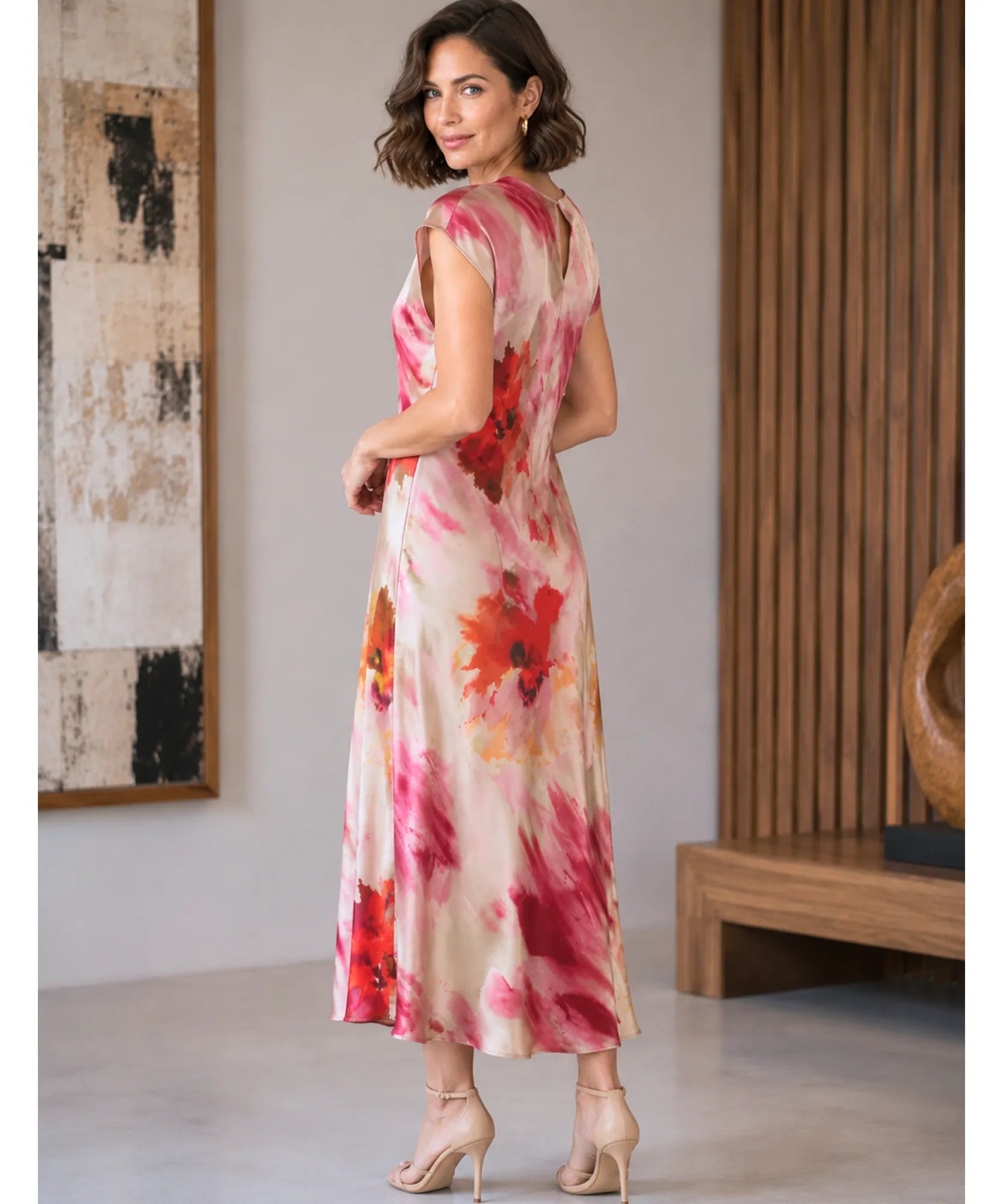 Floral satin midi dress, back keyhole and button detail