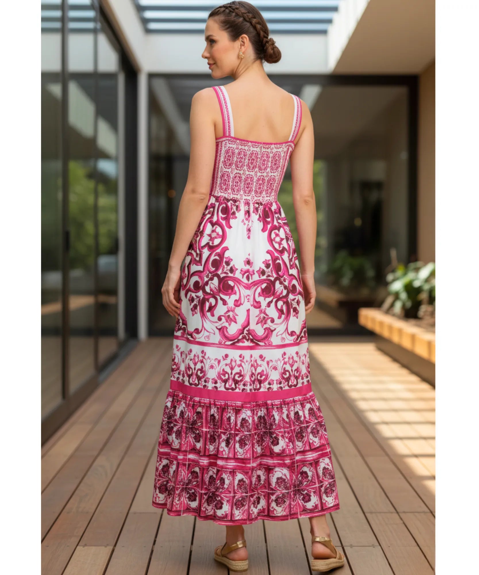 Comprar vestido midi feminino boho estampado com alças finas franzido costas para festa verão barato em promoção ZARA