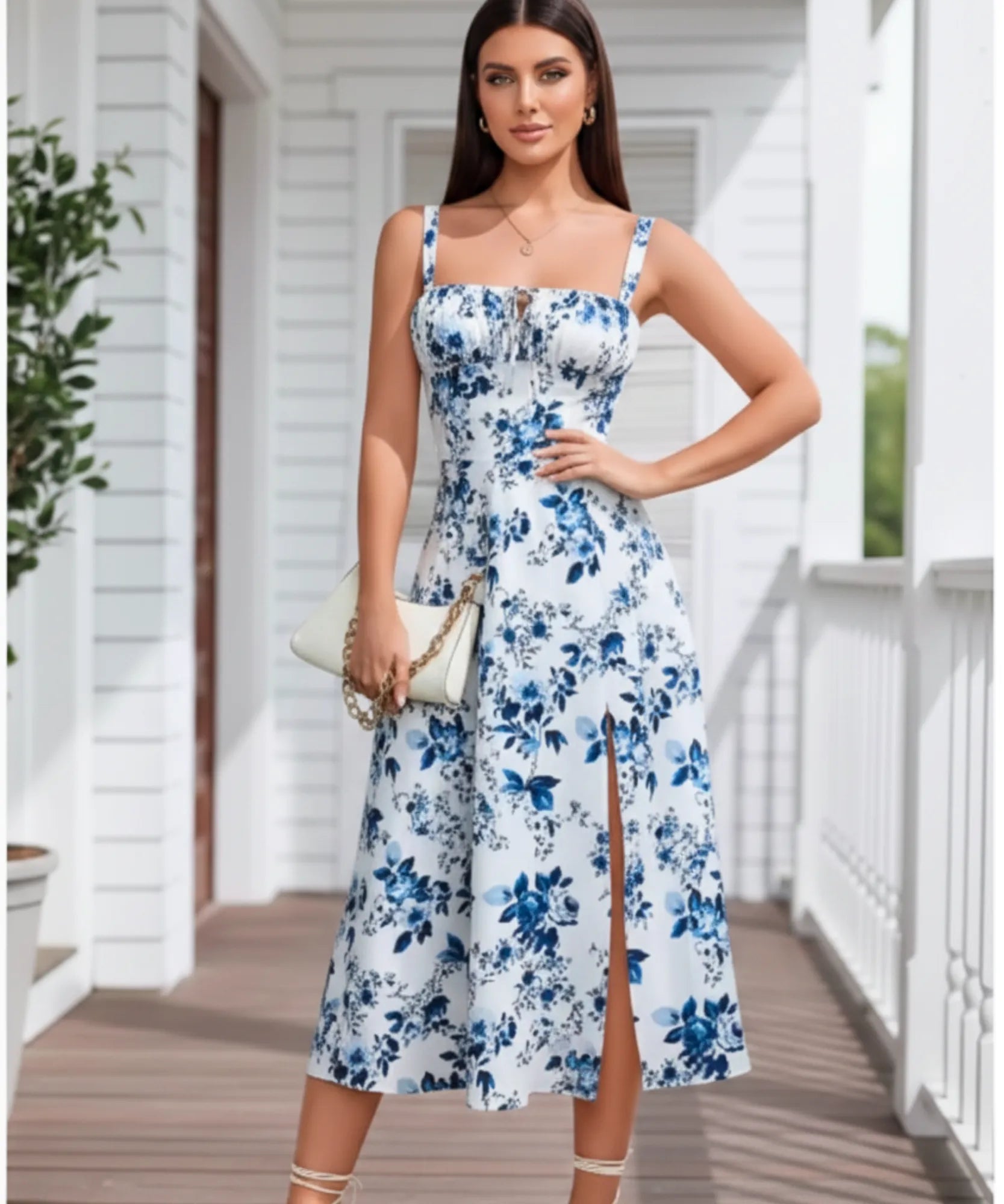 Floral Midi Dress with Lace-Up Back and Front Slit – Anellace