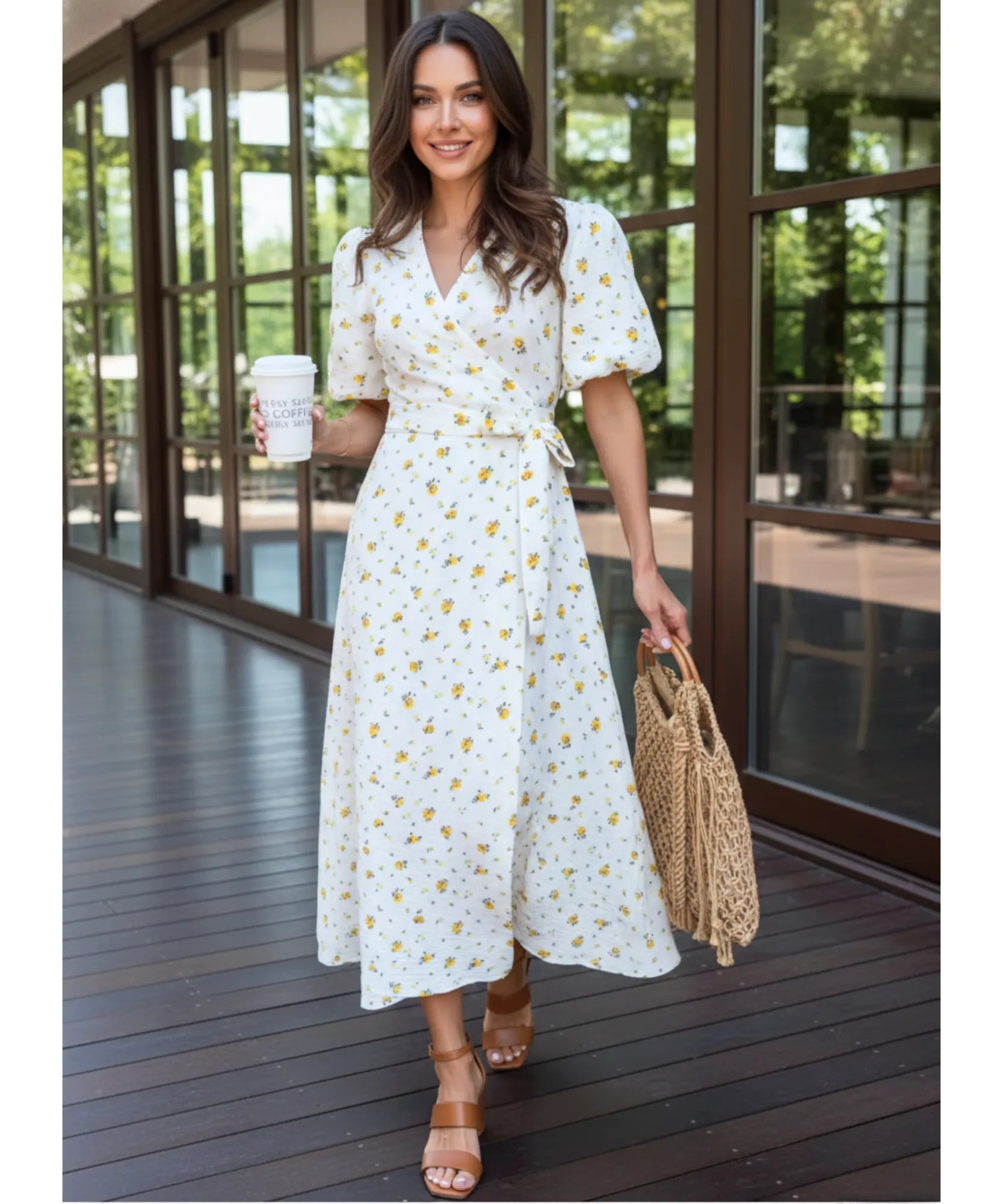 Women's floral wrap midi dress in yellow floral print, lifestyle front view