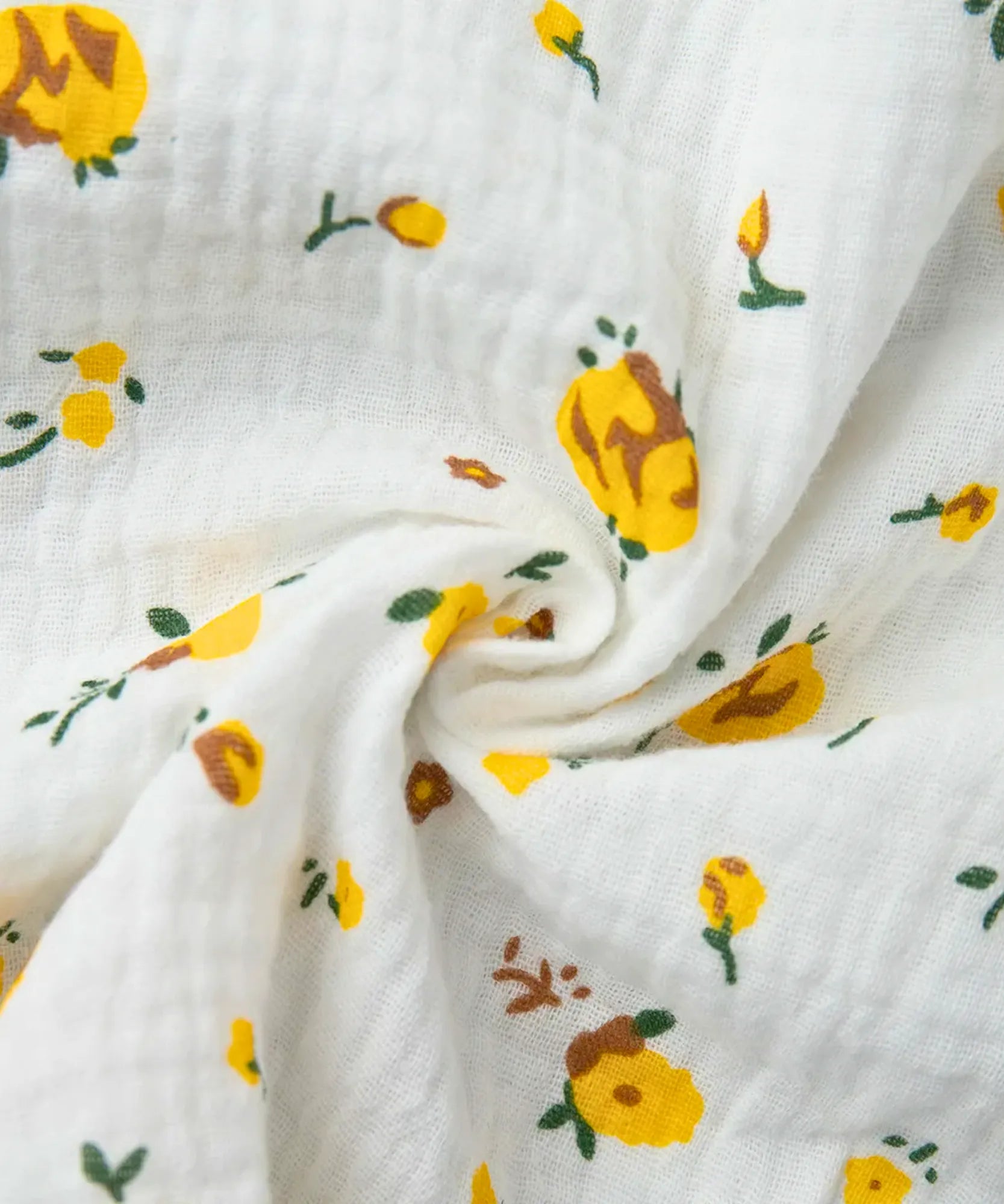 Women's floral wrap midi dress in yellow floral print, close-up of fabric