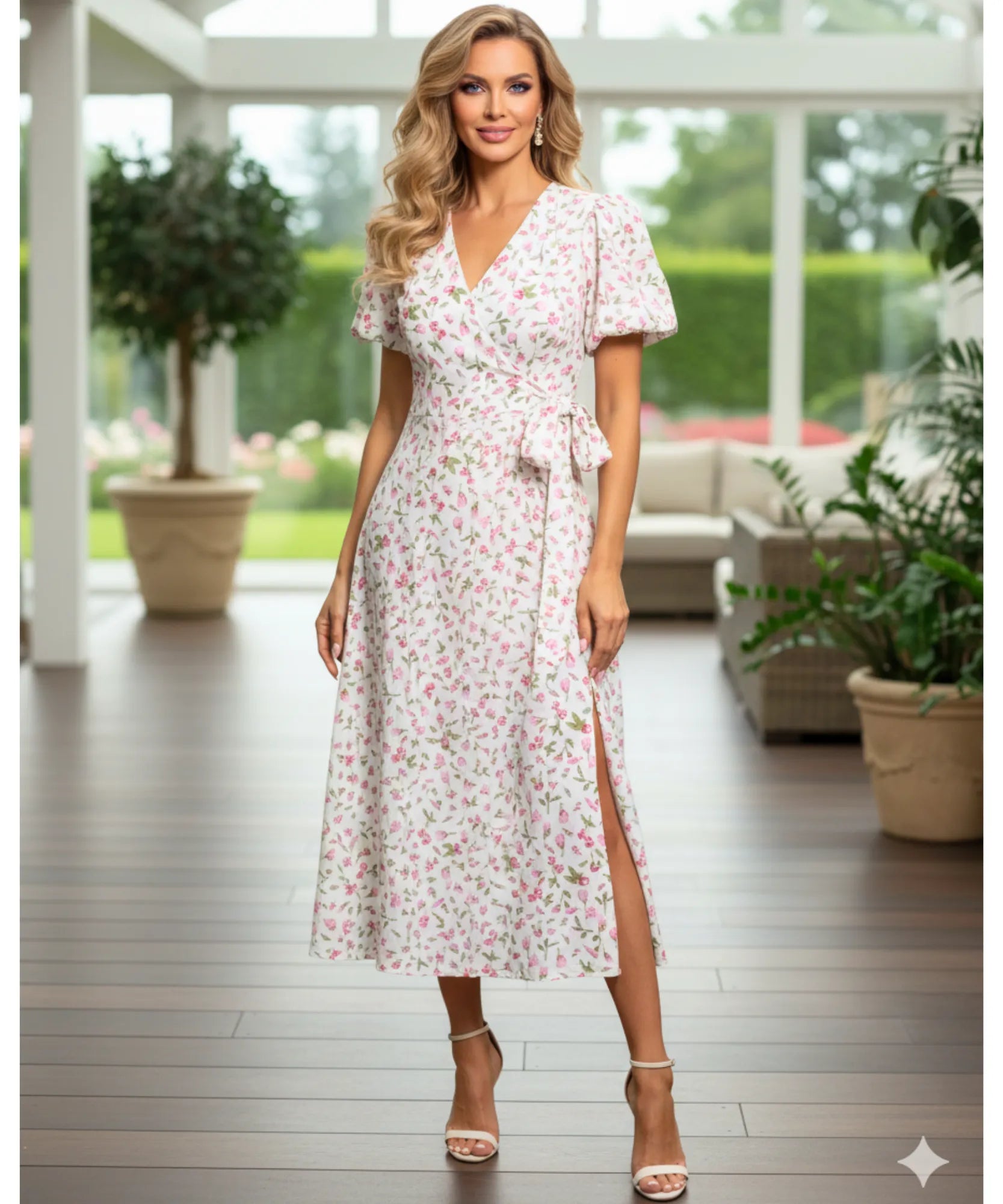 Women's floral wrap midi dress in pink floral print, side view with slit