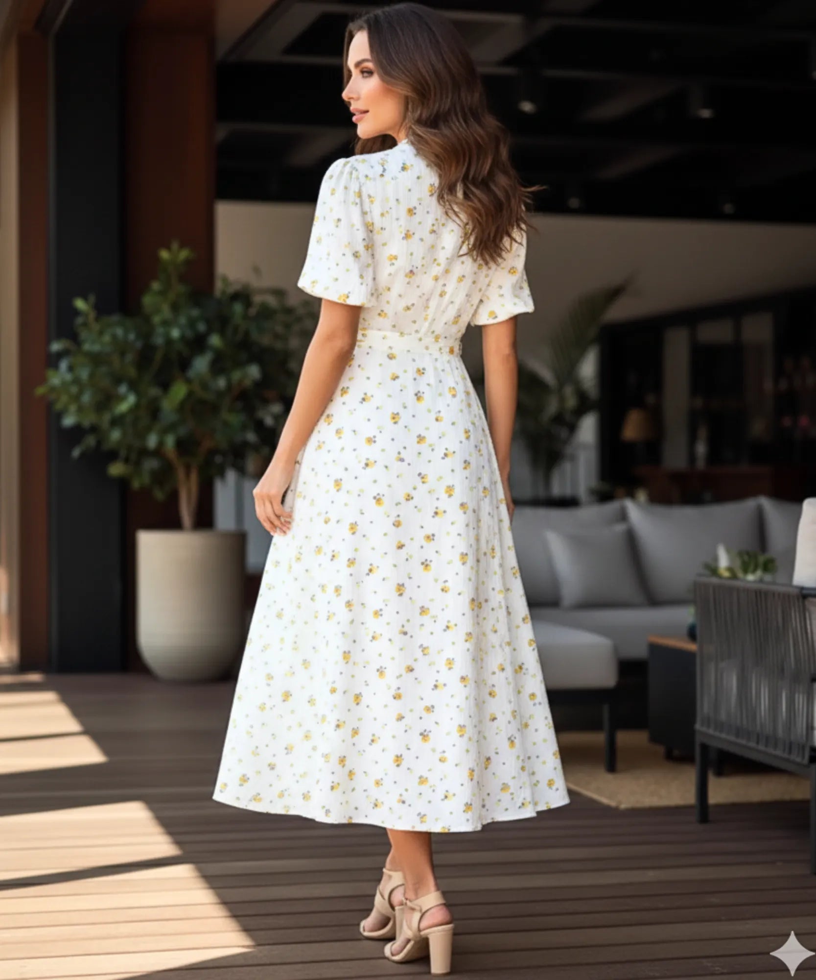 Women's floral wrap midi dress in yellow floral print, back view