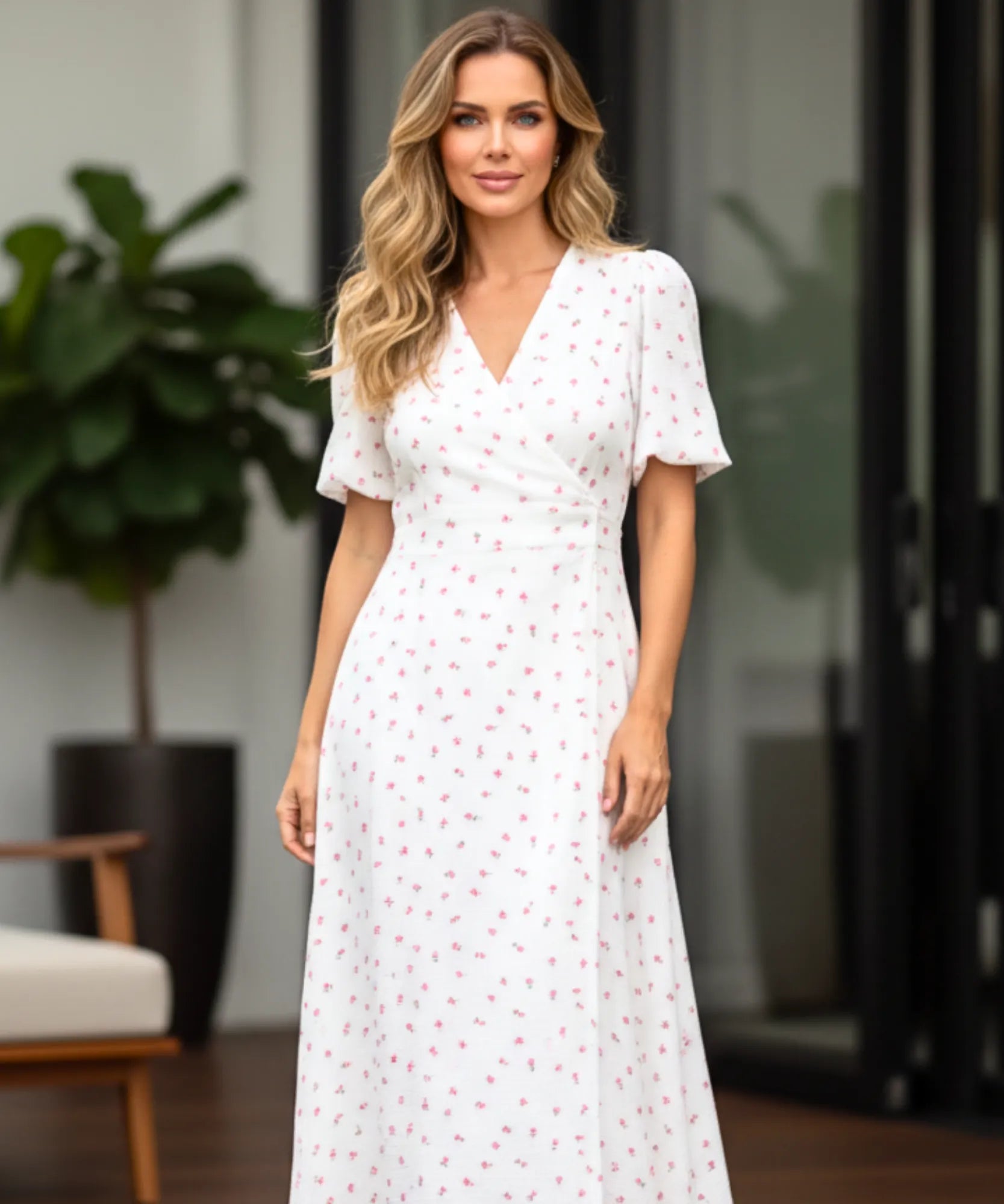 Women's floral wrap midi dress in pink floral print, full length front view
