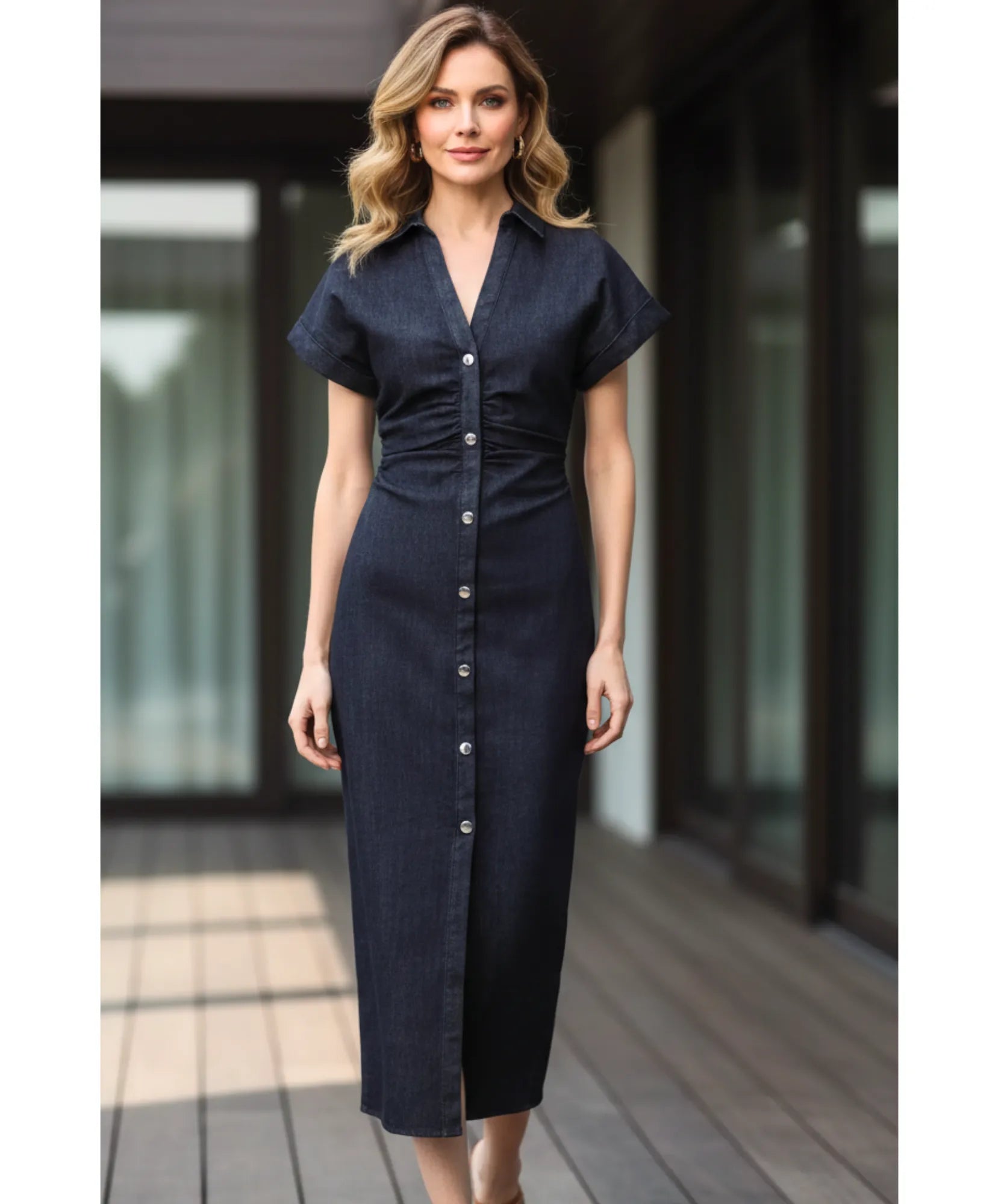 Vestido Midi Jeans Feminino Manga Curta Azul Marinho Casual Elegante barato em promoção ZARA