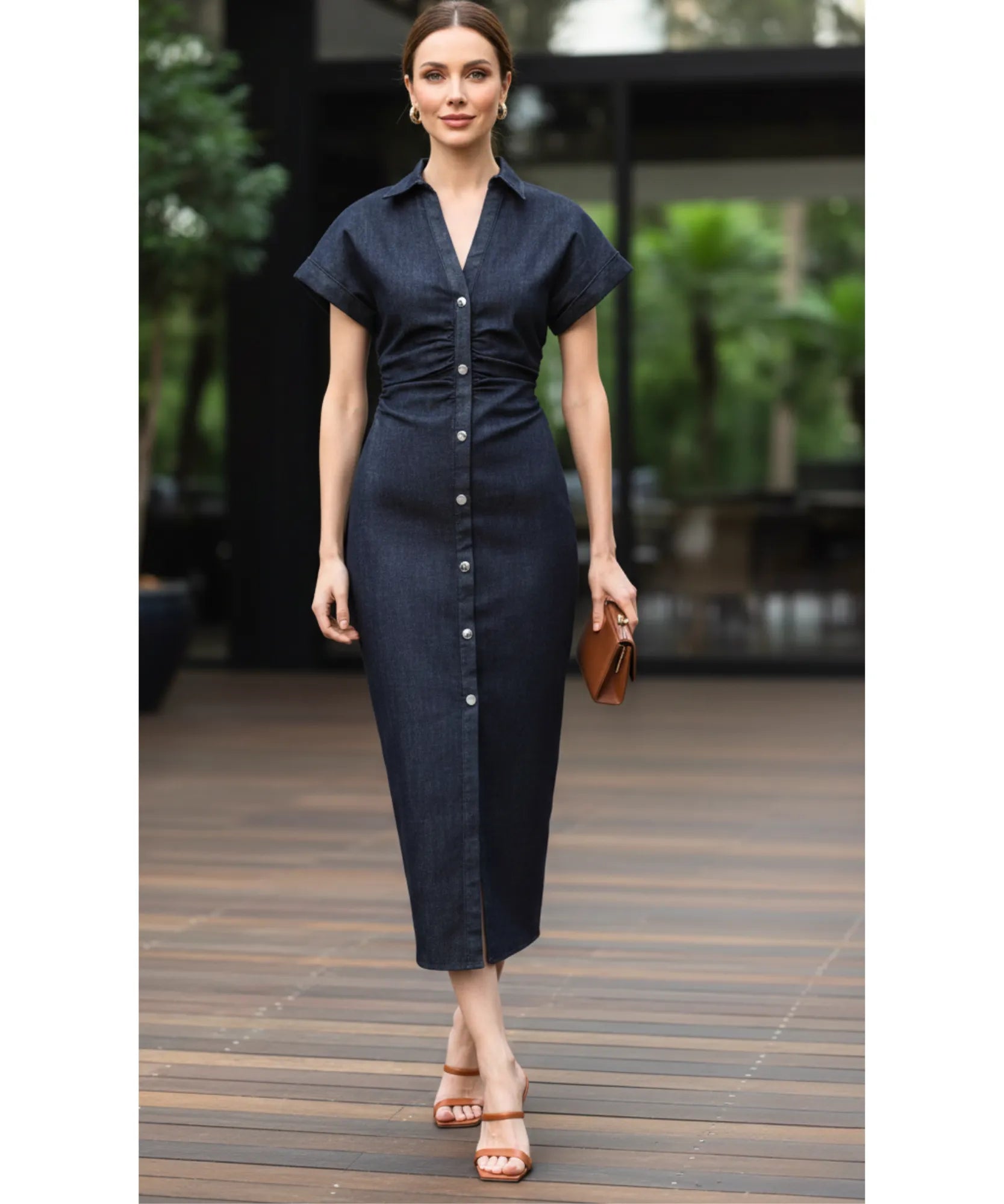 Vestido Midi Jeans Feminino Manga Curta Azul Marinho Casual Elegante barato em promoção ZARA